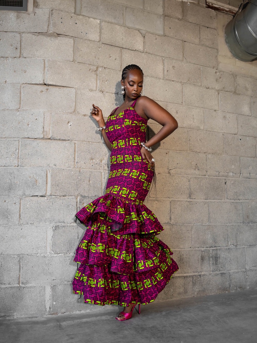 Ofuure Cotton Ankara African Print Mermaid Tiered Ruffle Maxi Dress Size M NWT